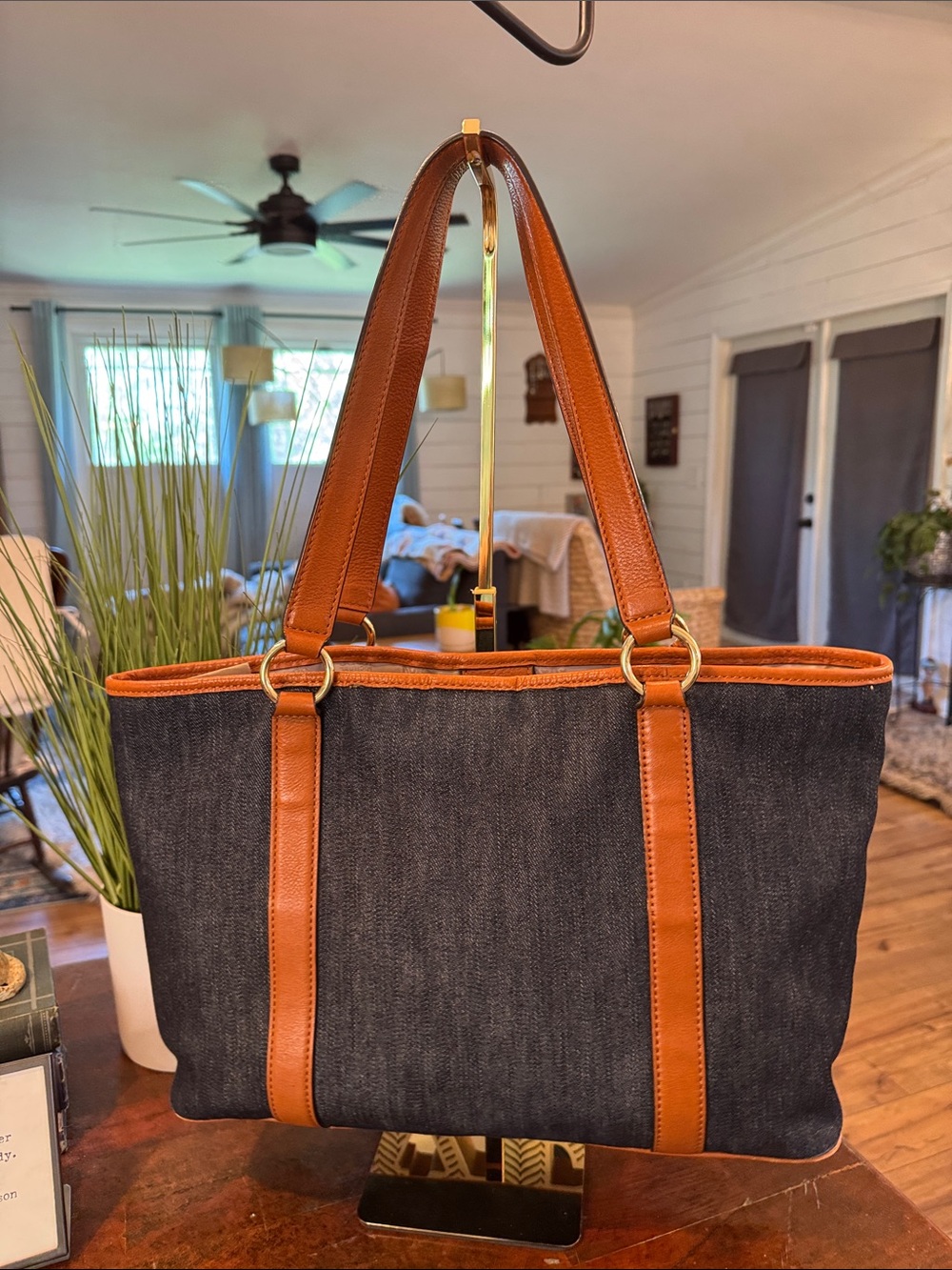 Michael Kors Navy Denim Tote with Tan Leather Trim - Picture 4 of 14